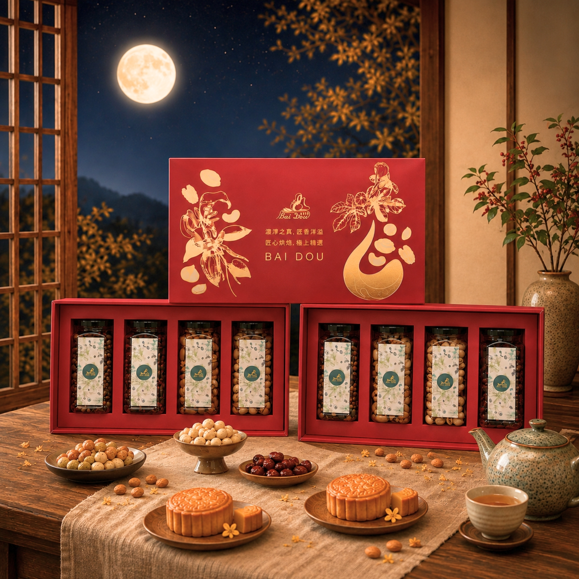 四喜團圓禮盒，酒紅色禮盒搭配四款罐裝